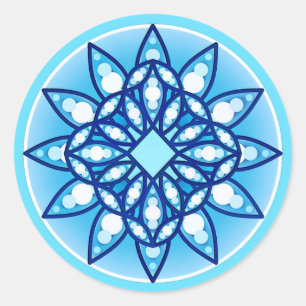 Pegatina Redonda Patrón de Mandala en turquesa, cobalto y blanco