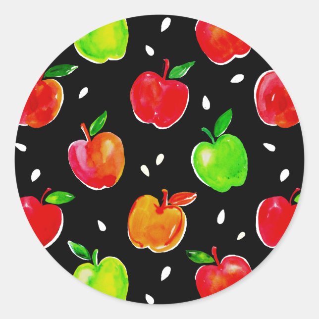 Pegatina Redonda Patrón de manzanas color agua vibrante (Anverso)