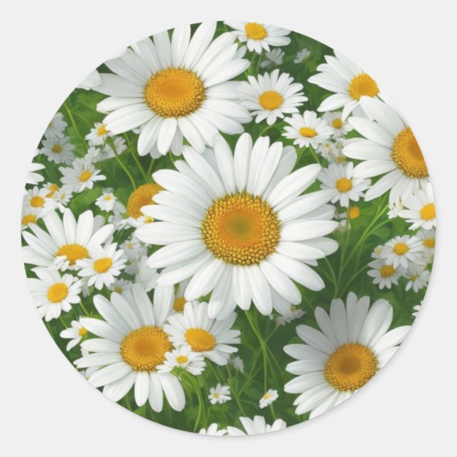 Pegatina Redonda Patrón de margarita dulce vegetación floral blanca (Anverso)