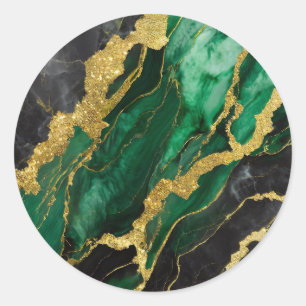 Pegatina Redonda Patrón de mármol verde con oro