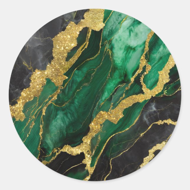 Pegatina Redonda Patrón de mármol verde con oro (Anverso)
