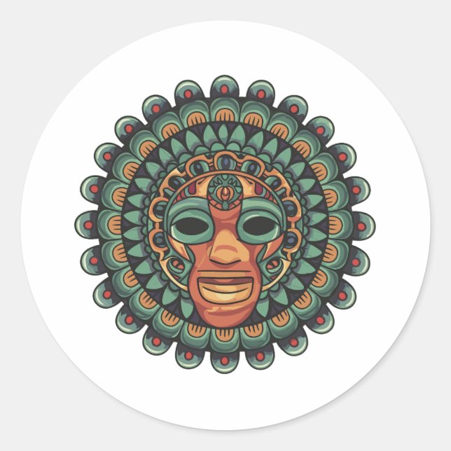 Pegatina Redonda Patrón de máscara azteca (Anverso)