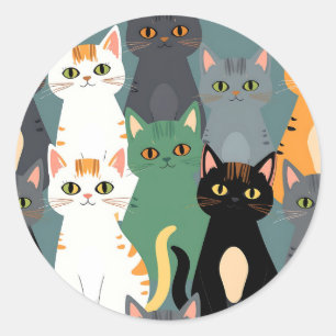 Pegatina Redonda Patrón de multitud de gatos de dibujos animados co