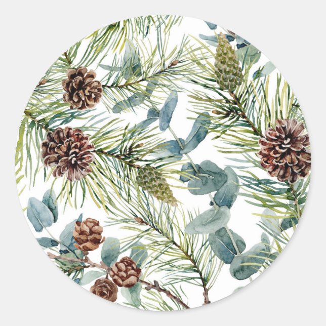 Pegatina Redonda Patrón de Navidad de piñetas y conos de pino en ac (Anverso)