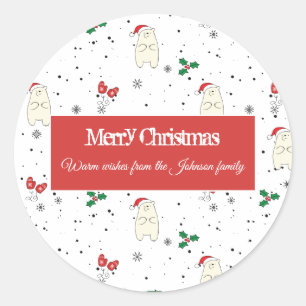 Pegatina Redonda Patrón de Navidades de oso polar blanco