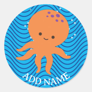 Pegatina Redonda Patrón de ondas azules Personalizado Octopus Cuadr