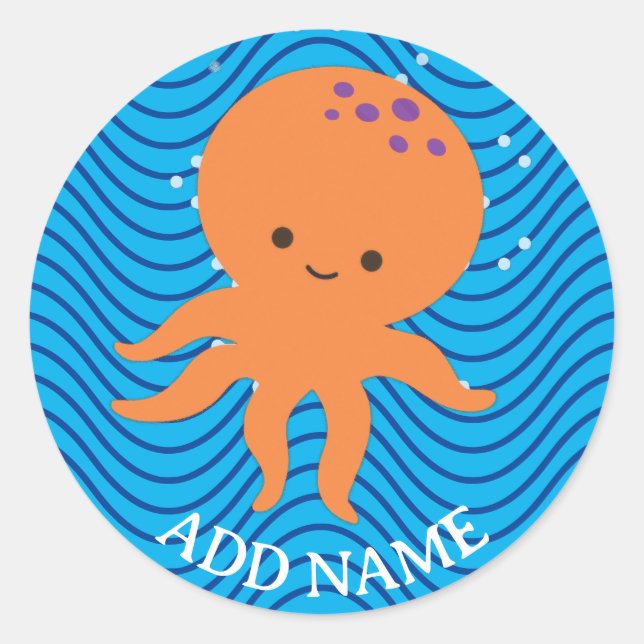 Pegatina Redonda Patrón de ondas azules Personalizado Octopus Cuadr (Anverso)