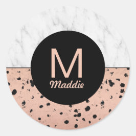 Pegatina Redonda Patrón de oro de mármol y Rosa con monograma