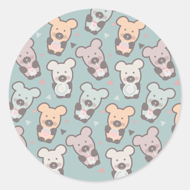 Pegatina Redonda Patrón de Osos y Donuts para Niños (Anverso)