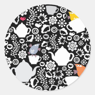 Pegatina Redonda Patrón de pájaros y tazas