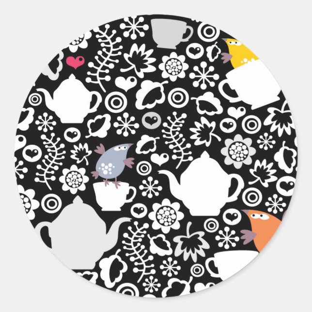 Pegatina Redonda Patrón de pájaros y tazas (Anverso)