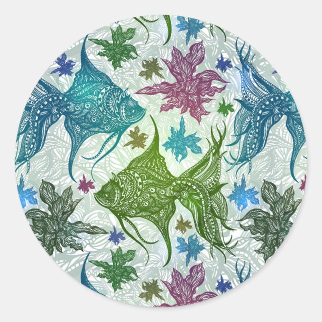 Pegatina Redonda Patrón de peces de época (Anverso)