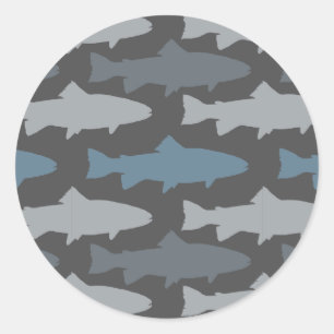 Pegatina Redonda Patrón de peces de trucha divertida amarilla y gri