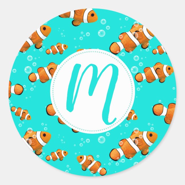 Pegatina Redonda Patrón de pez globo tropical y burbujas (Anverso)