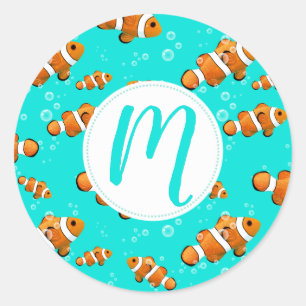 Pegatina Redonda Patrón de pez globo tropical y burbujas