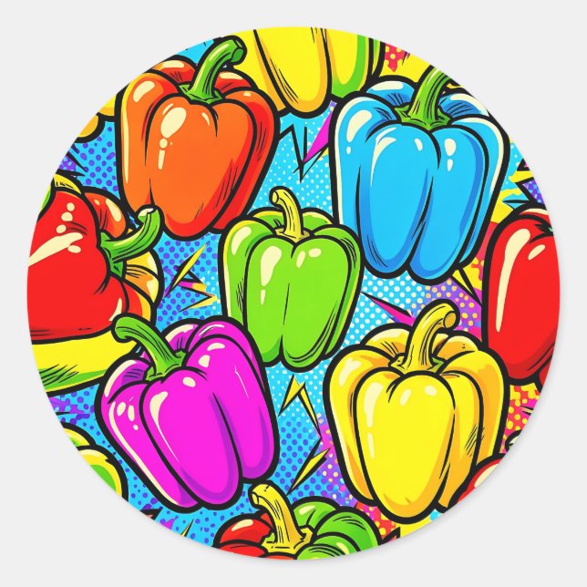 Pegatina Redonda Patrón de pimientos pop art (Anverso)