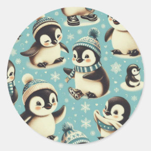 Pegatina Redonda Patrón de pingüino de corte vintage
