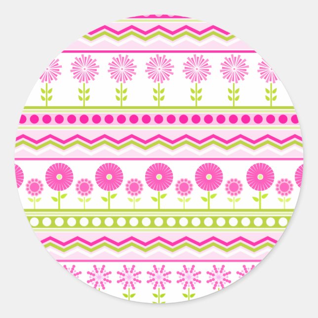 Pegatina Redonda Patrón de primavera rosa dulce con flores y puntos (Anverso)