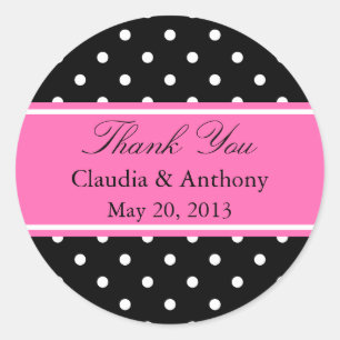 Pegatina Redonda Patrón de puntos de polka blanco, negro y rosa gra