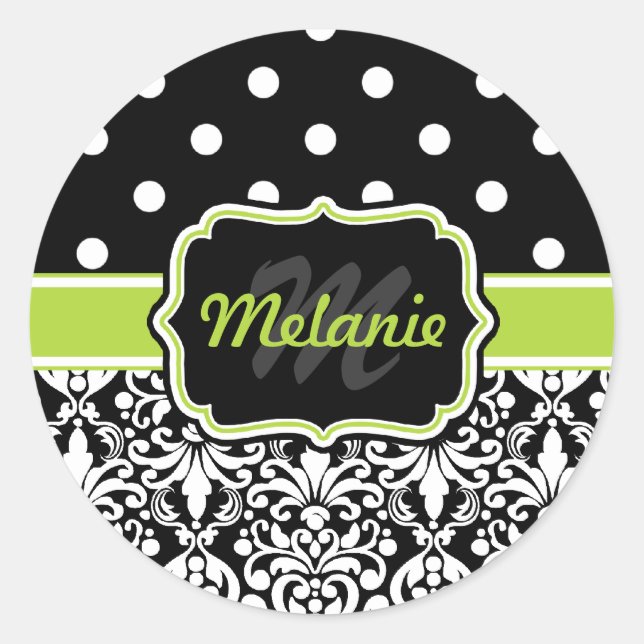 Pegatina Redonda Patrón de puntos de Polka de Damask Monogramado Ve (Anverso)