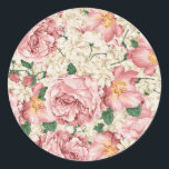 Pegatina Redonda Patrón de rosa y hortensia vintage en acuarela<br><div class="desc">Agrega un acento botánico a nuestros sobres,  tarjetas y favores con esta etiqueta floral. Cuenta con rosas,  peonías y hortensias de color rosa e marfil en acuarela. Perfecto para uso personal y comercial.</div>