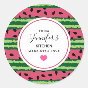 Pegatina Redonda Patrón de sandía suave rosa y cocina verde