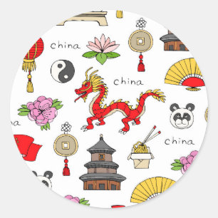 Pegatina Redonda Patrón de símbolos de China