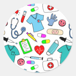 Pegatina Redonda Patrón de Suministros Médicos de Enfermería de Méd