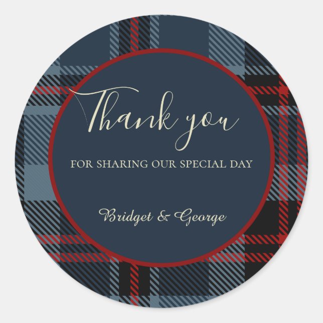 Pegatina Redonda patrón de tartán celta azul negro escocés (Anverso)