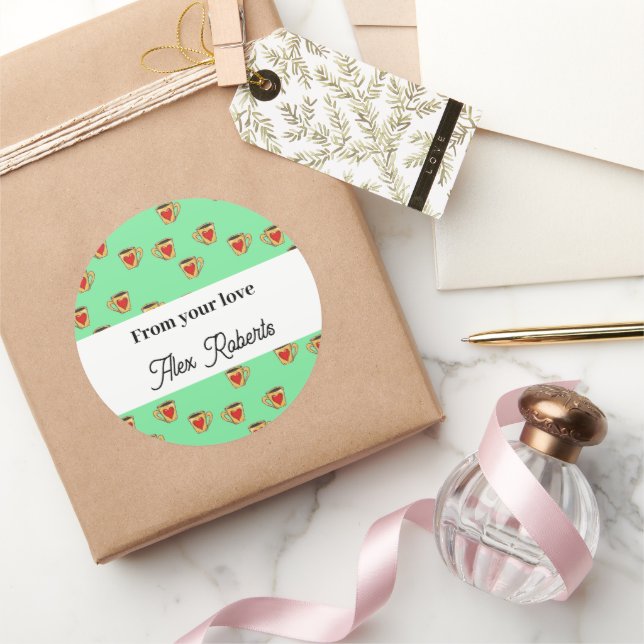 Pegatina Redonda Patrón de tazas de amor en turquesa (Regalar)