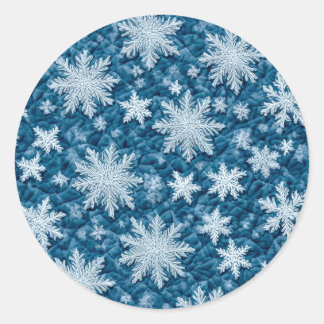 Pegatina Redonda Patrón de terciopelo azul y blanco copos de nieve