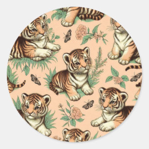 Pegatina Redonda Patrón de tigre de bebé de cosecha blanca