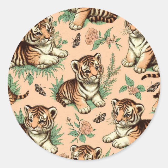 Pegatina Redonda Patrón de tigre de bebé de cosecha blanca (Anverso)