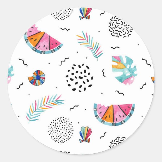 Pegatina Redonda Patrón de verano tropical de estilo Memphis (Anverso)