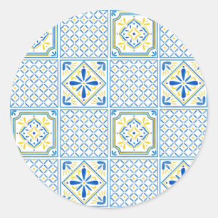 Pegatina Redonda Patrón decorativo de azulejos italianos mediterrán