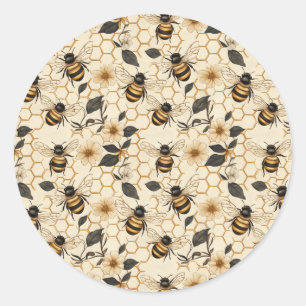 Pegatina Redonda Patrón elegante de abejas y abejas