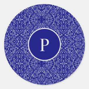 Pegatina Redonda Patrón elegante de Damasco azul y gris de la Marin