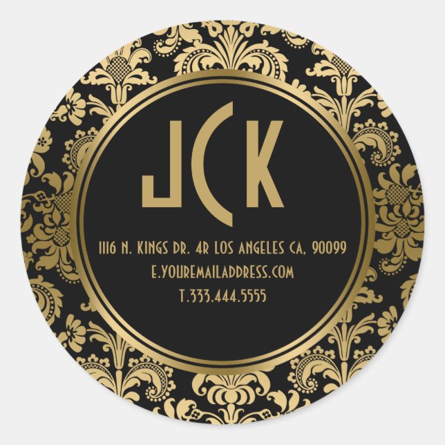 Pegatina Redonda Patrón elegante de damasquinados florales en negro (Anverso)