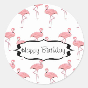 Pegatina Redonda Patrón Flamingo Rosa Feliz Cumpleaños