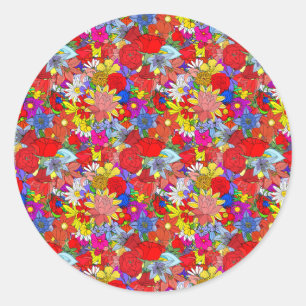 Pegatina Redonda Patrón floral amarillo azul morado rojo