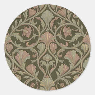Pegatina Redonda Patrón floral Art Nouveau verde oscuro rosa vintag