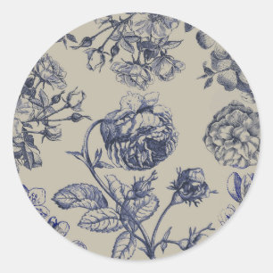 Pegatina Redonda Patrón Floral Botánico Toile Azul Vintage Antiguo