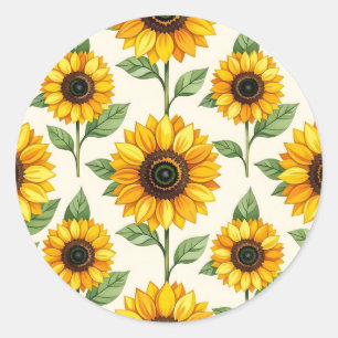 Pegatina Redonda Patrón floral continuo de girasol amarillo brillan