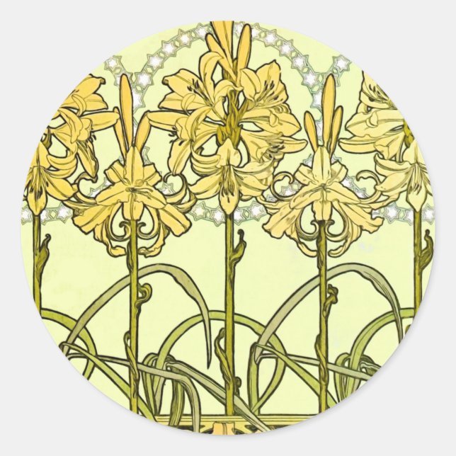 Pegatina Redonda Patrón floral de Alfonse Mucha Art Nouveau Lily (Anverso)