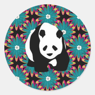 Pegatina Redonda Patrón floral de flores rosas azules del oso panda