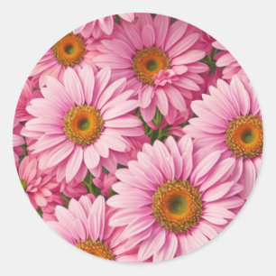 Pegatina Redonda Patrón floral de margaritas rosa retro