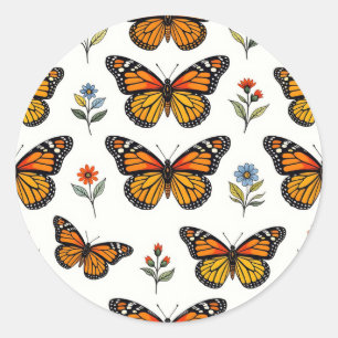 Pegatina Redonda Patrón Floral de Mariposa Monarca