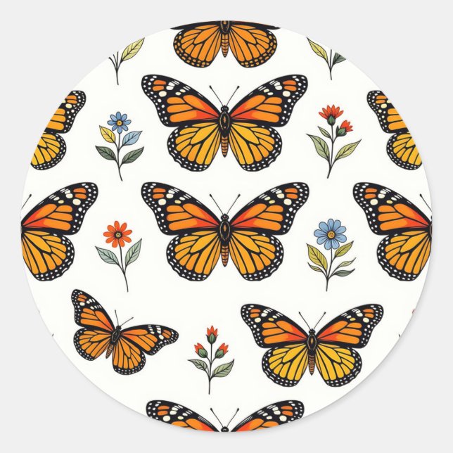 Pegatina Redonda Patrón Floral de Mariposa Monarca (Anverso)