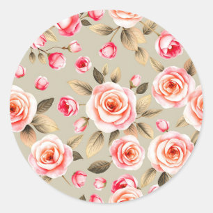 Pegatina Redonda Patrón floral de rosa rosa romántica