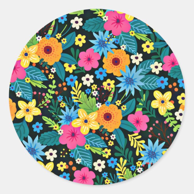 Pegatina Redonda Patrón floral de vibrante Ditsy-43785 (Anverso)